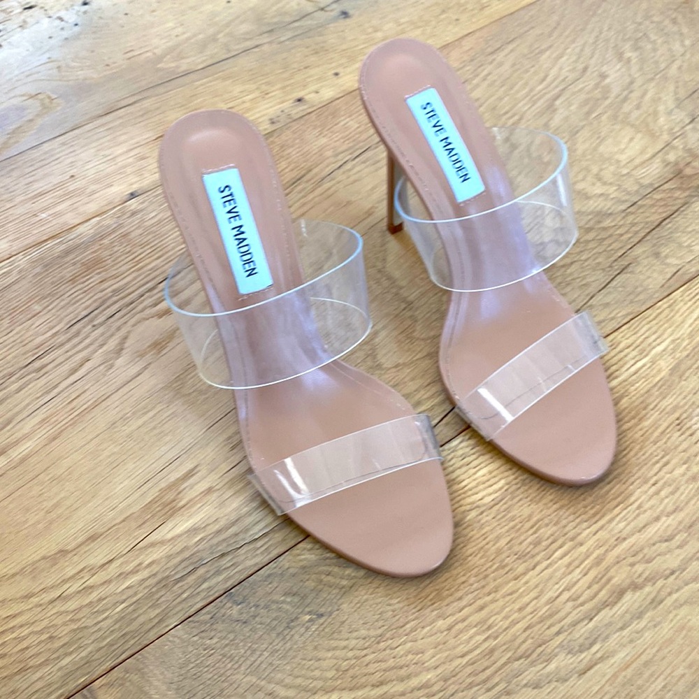 Tan Steve Madden clear front heals